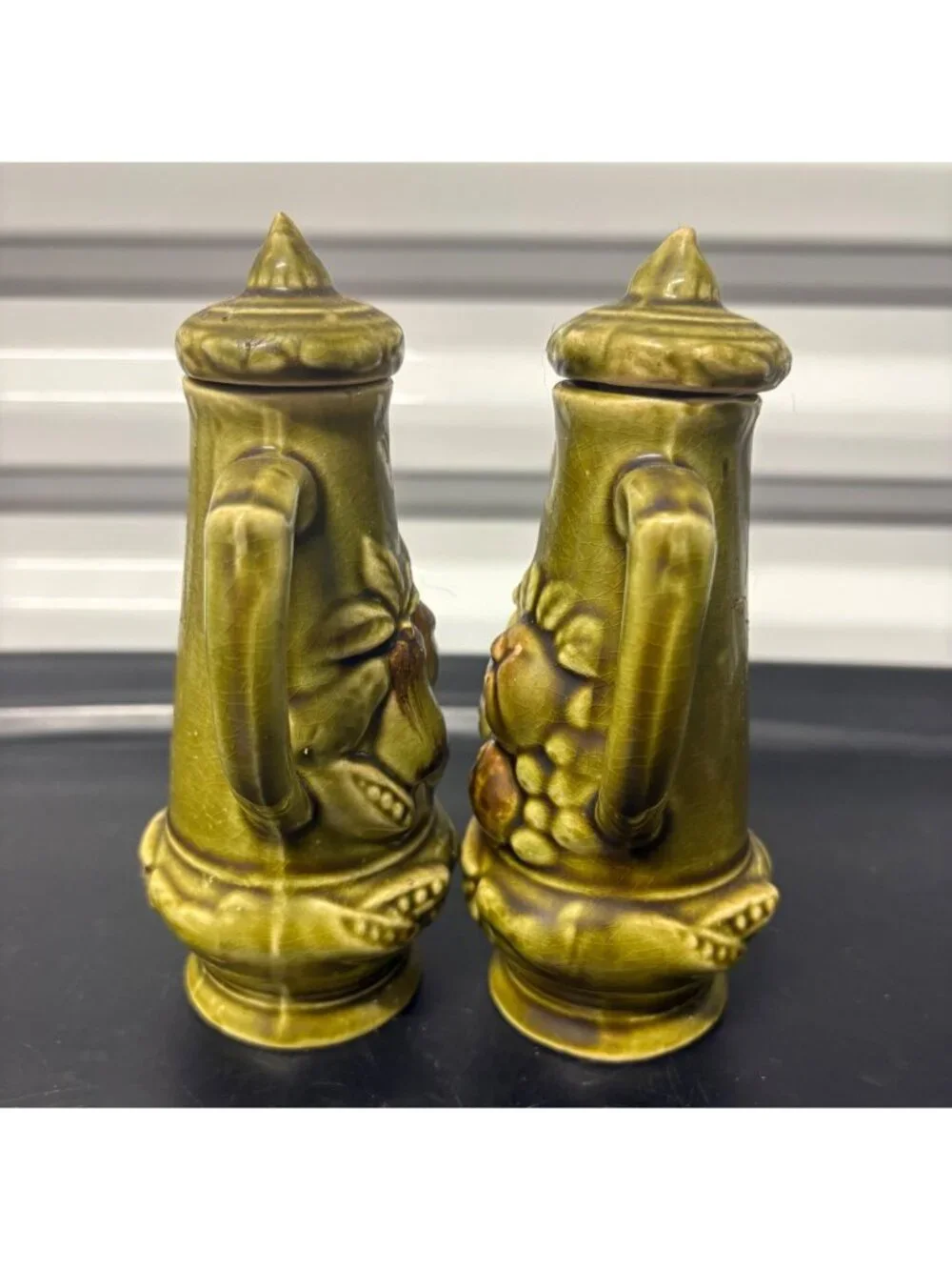 Vintage MCM Green Ceramic Oil & Vinegar Cruet Set Fruit Design Cork Stoppers